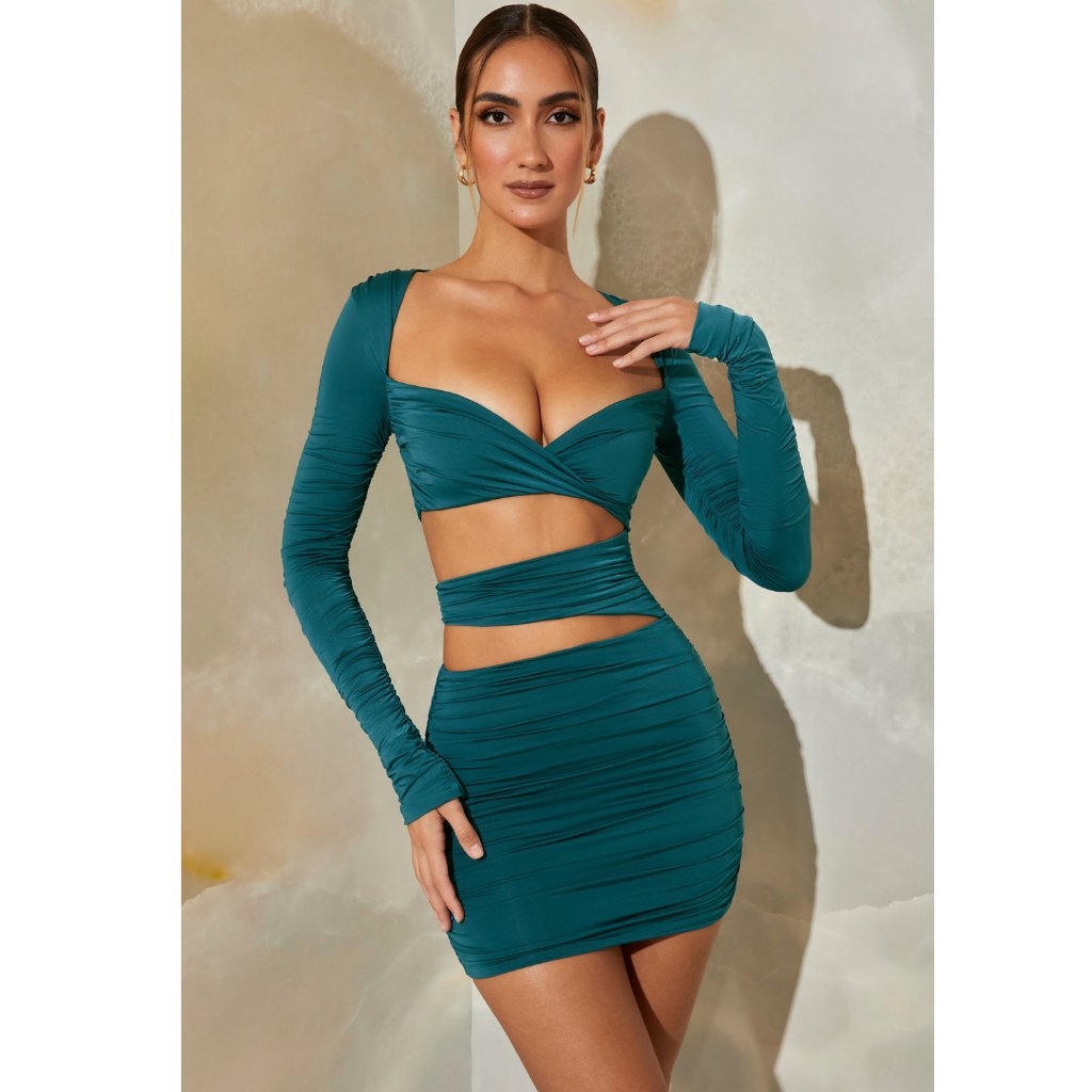 Nwt Oh Polly Bryce Long Sleeve Cut Out Mini Dress In Teal